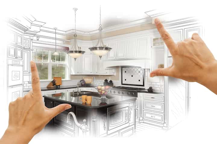 A kitchen renovation design with an open floor plan, featuring a large island and modern appliances in Sterling